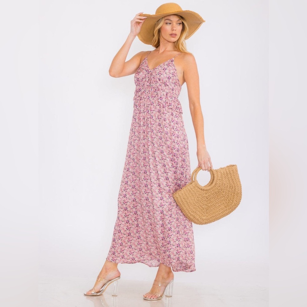 PINK ADJUSTABLE STRAP RUFFLE FLORAL TIERED MAXI SUN DRESS